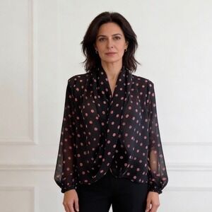 Bisou Bisou Women's Black Pink Polka Dot Sheer Long Sleeve Wrap Blouse M